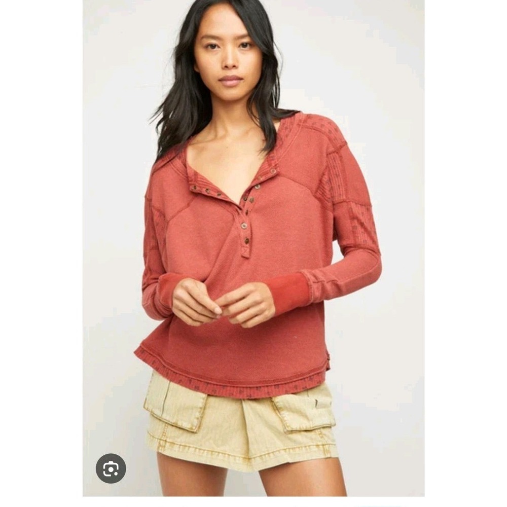 Free People Heart To Heart Henley Shirt Floral Top Thermal Waffle Rust Size XS